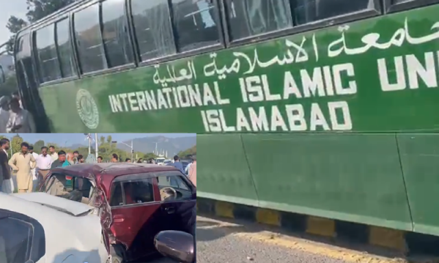 اسلام آباد میں اسلامی یونیورسٹی کی بس کا بریک فیل، حادثے میں متعدد گاڑیاں ٹکرا گئیں