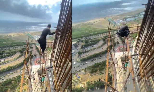 بغیر حفاظتی اقدامات مزدور کے کام کرتے ویڈیو وائرل، ’کسی مہذب ملک میں کنٹریکٹر پر پابندی لگ جاتی‘