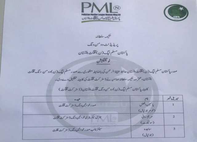 نون لیگ خواتین ونگ ضلع گلگت کی نئی کابینہ تشکیل دیدی گئی