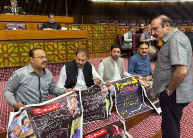 قبائلی اضلاع میں بدامنی کیخلاف ایم این اے حمید حسین کا دیگر ممبران کے ہمراہ سپیکر ڈیسک کے سامنے احتجاج