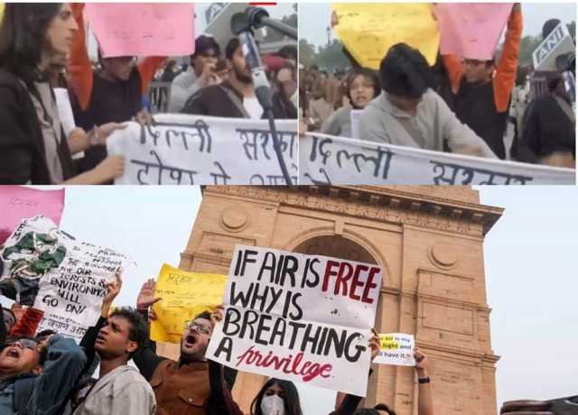 دہلی کے انڈیا گیٹ کے قریب 'دہلی فضائی آلودگی' کے خلاف احتجاج