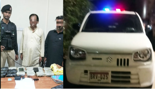 شاہراہ فیصل پر پولیس لائٹ لگی گاڑی سے 11 کلو چرس برآمد، 2 ملزمان گرفتار