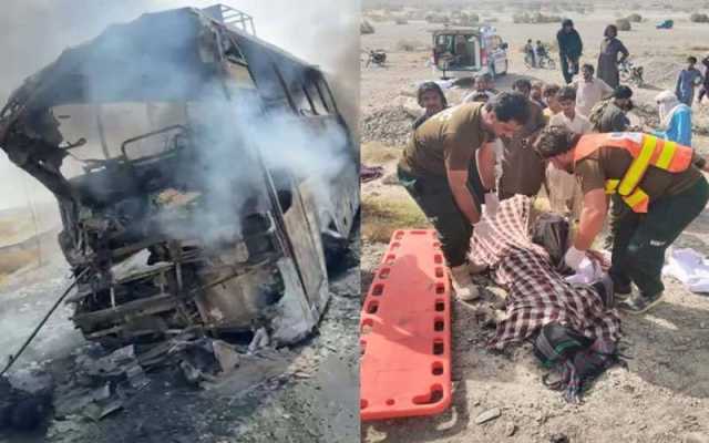 مسافربس اور ایرانی تیل سے بھری گاڑی میں تصادم، 8افراد جھلس کر ہلاک