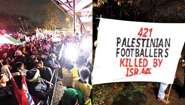 انگلینڈ ‘ اسرائیلی کلب کے درمیان فٹبال میچ، سٹیڈیم کے باہر فلسطین کے حق میں احتجاج 