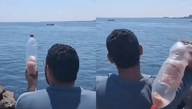 مصر کے نوجوان کی بوتلوں میں کھانا ڈال کر فلسطینیوں تک پہنچانے کی کوشش، ویڈیو وائرل