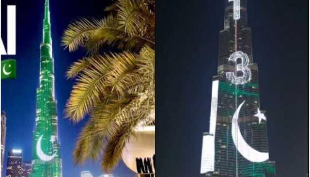 یوم آزادی پر برج خلیفہ بھی سبز ہلالی پرچم کے رنگ میں رنگ گیا