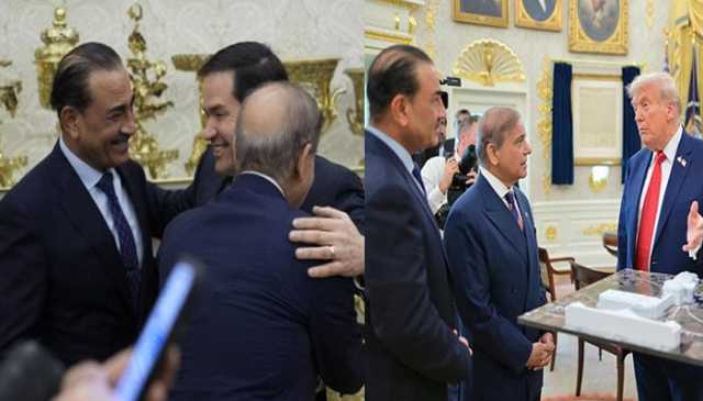 وزیراعظم شہباز شریف، فیلڈ مارشل اور مارکو روبیو ہاتھ میں ہاتھ ڈالے خوشگوار موڈ میں نظر آئے